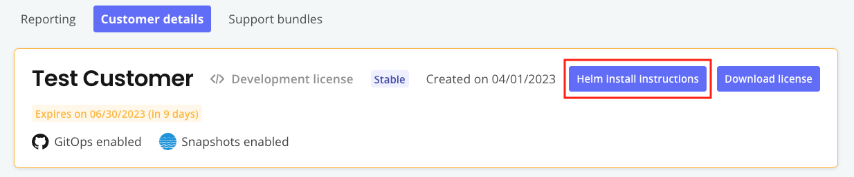 Helm install instructions button on the manage customer page