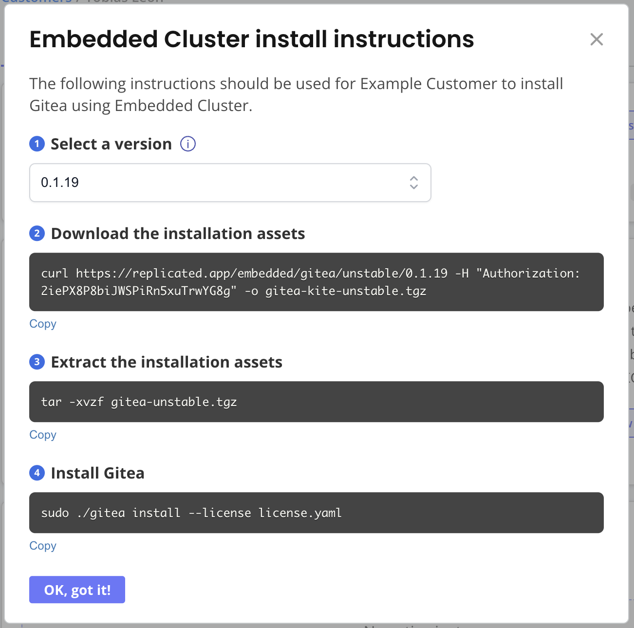 Embedded cluster install instruction dialog